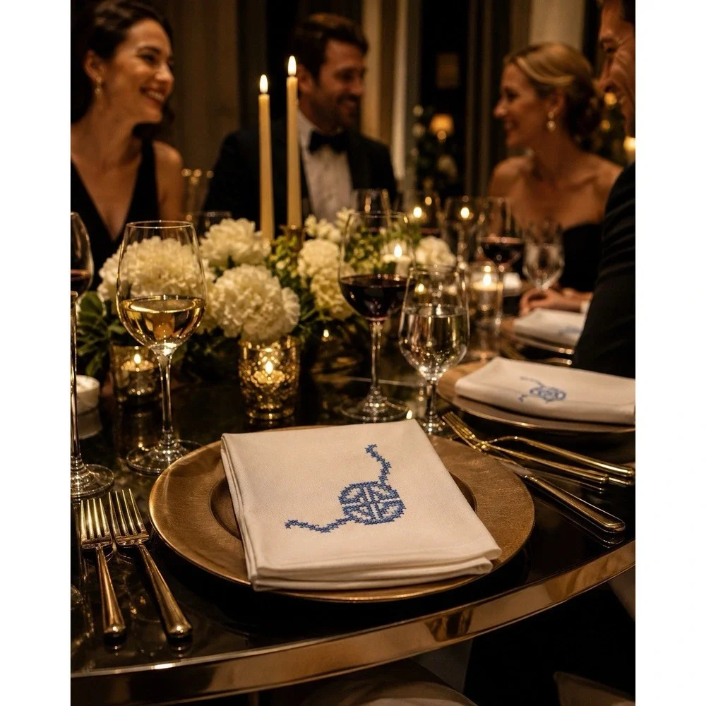 Vintage Hand Embroidered Linen Napkins Set 8 Blue Monogram Cross Stitch USA